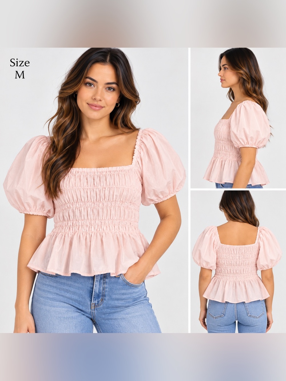 Mi Ami Francesca’s Pink Puff Sleeve Smocked Peplum Top Women’s M NWT